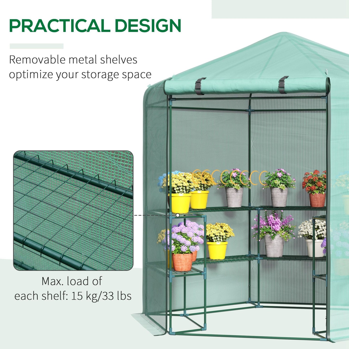 Outsunny  Hexagon Walk In Garden Greenhouse PE Planter Flower Growth with Zipped Door 225 x 194 x 215H cm