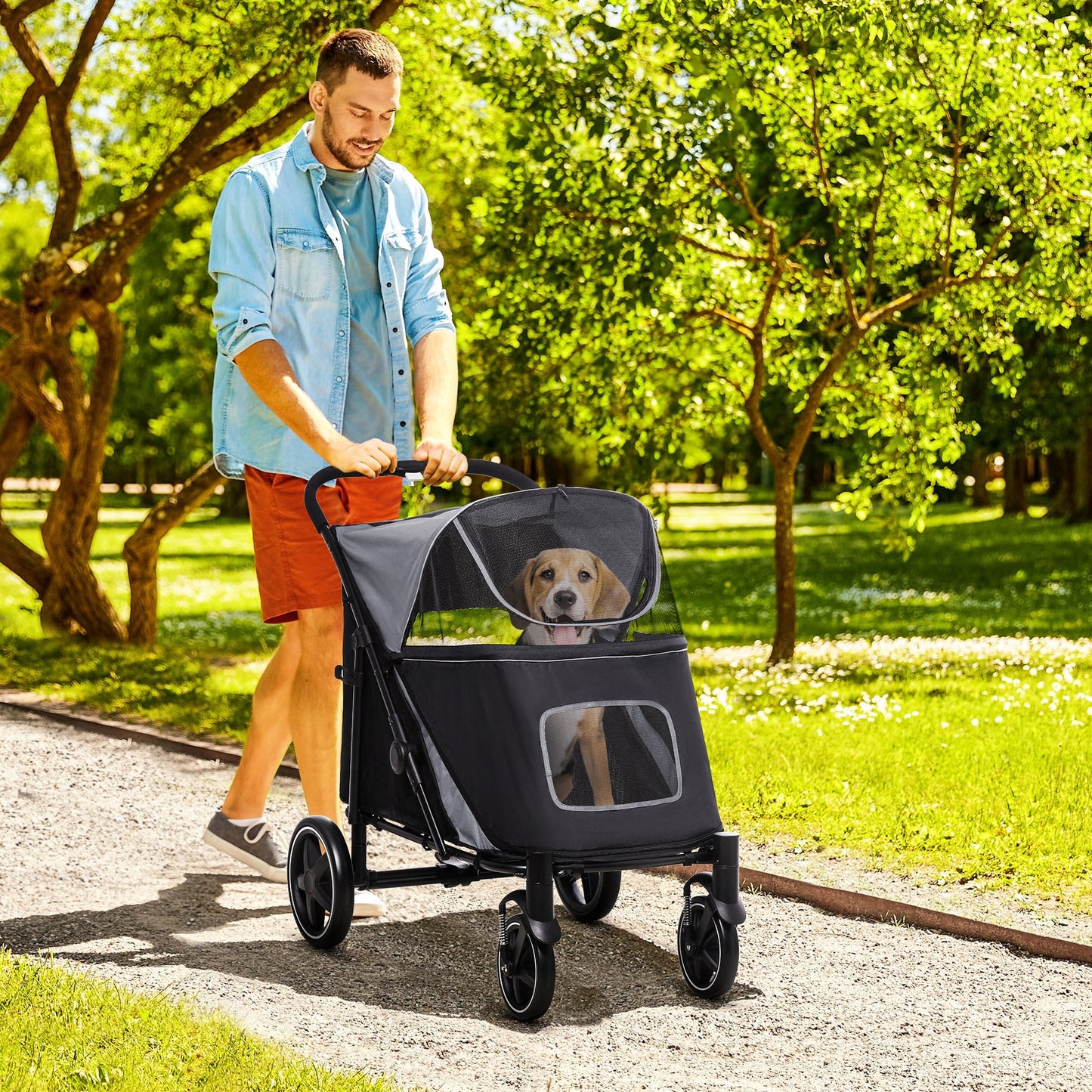 PawHut Foldable Pet Stroller, with Universal Wheels, Shock Absorber, for Medium and Large Dogs - Black