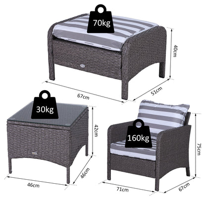 Outsunny 2 Seater PE Rattan Garden Furniture Set, 2 Armchairs 2 Stools Glass Top Table Cushions Wicker Weave Chairs Outdoor Seating