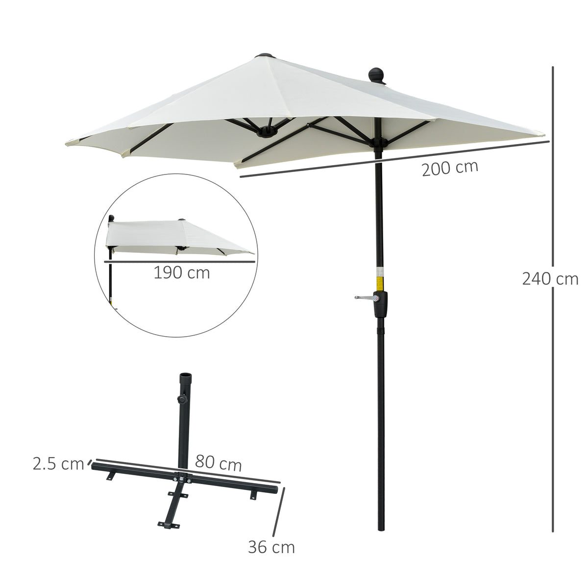 Outsunny 2m Half Parasol Market Umbrella Garden Balcony Parasol with Crank Handle, Base, Double-Sided Canopy, Cream White