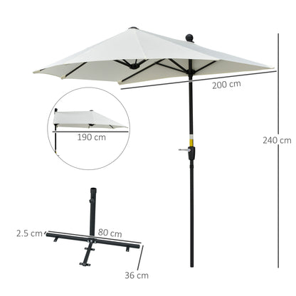 Outsunny 2m Half Parasol Market Umbrella Garden Balcony Parasol with Crank Handle, Base, Double-Sided Canopy, Cream White