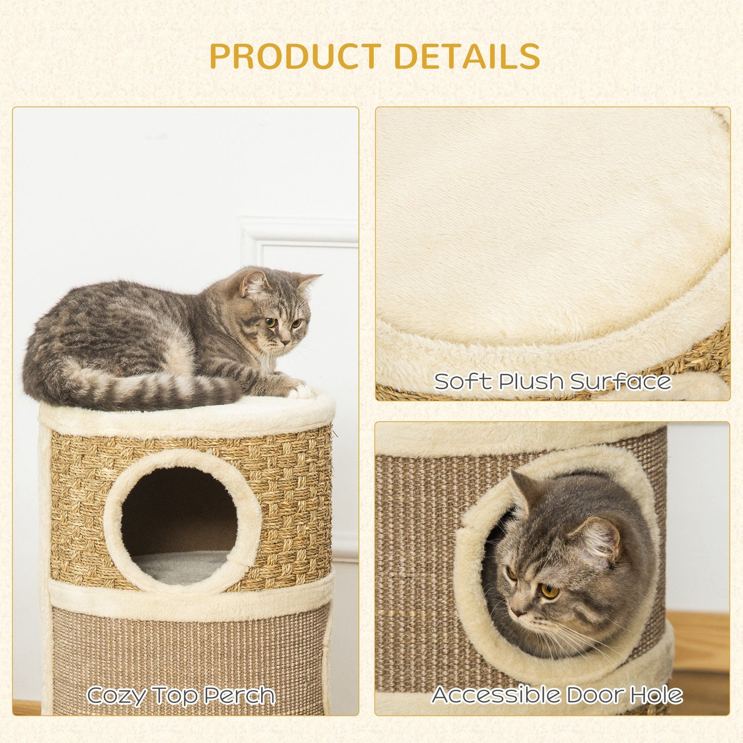 PawHut Cat Scratching Barrel Kitten Tree Tower for Indoor Cats Pet Furniture Climbing Frame Covered with Sisal and Seaweed Rope Cozy Platform Soft Plush