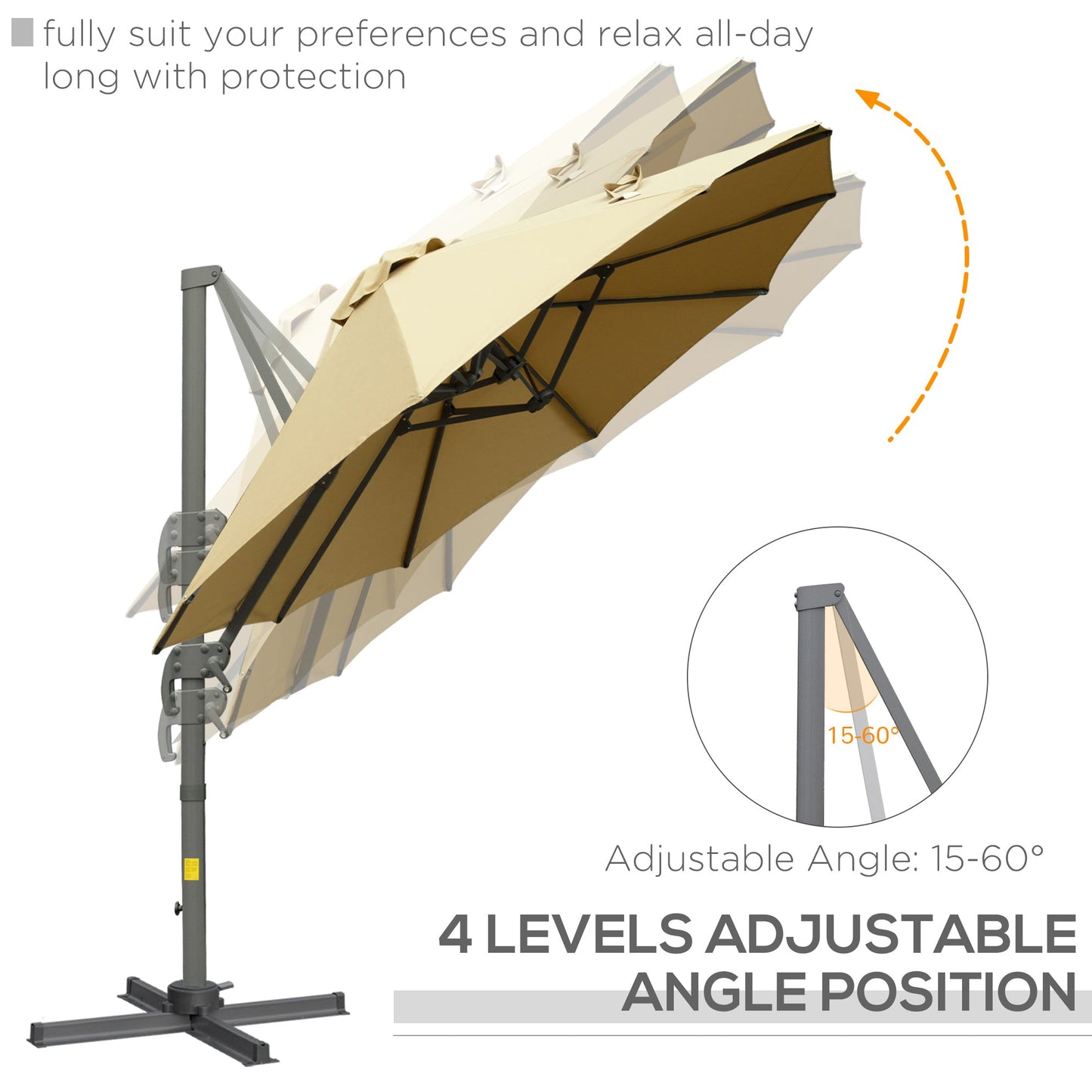 مظلة خارجية مستطيلة كبيرة مزدوجة الجوانب بطول 4.5 متر من Outsunny مع مقبض كرنك وقاعدة متقاطعة 360 درجة للمقعد، للاستخدام الخارجي، لون كاكي