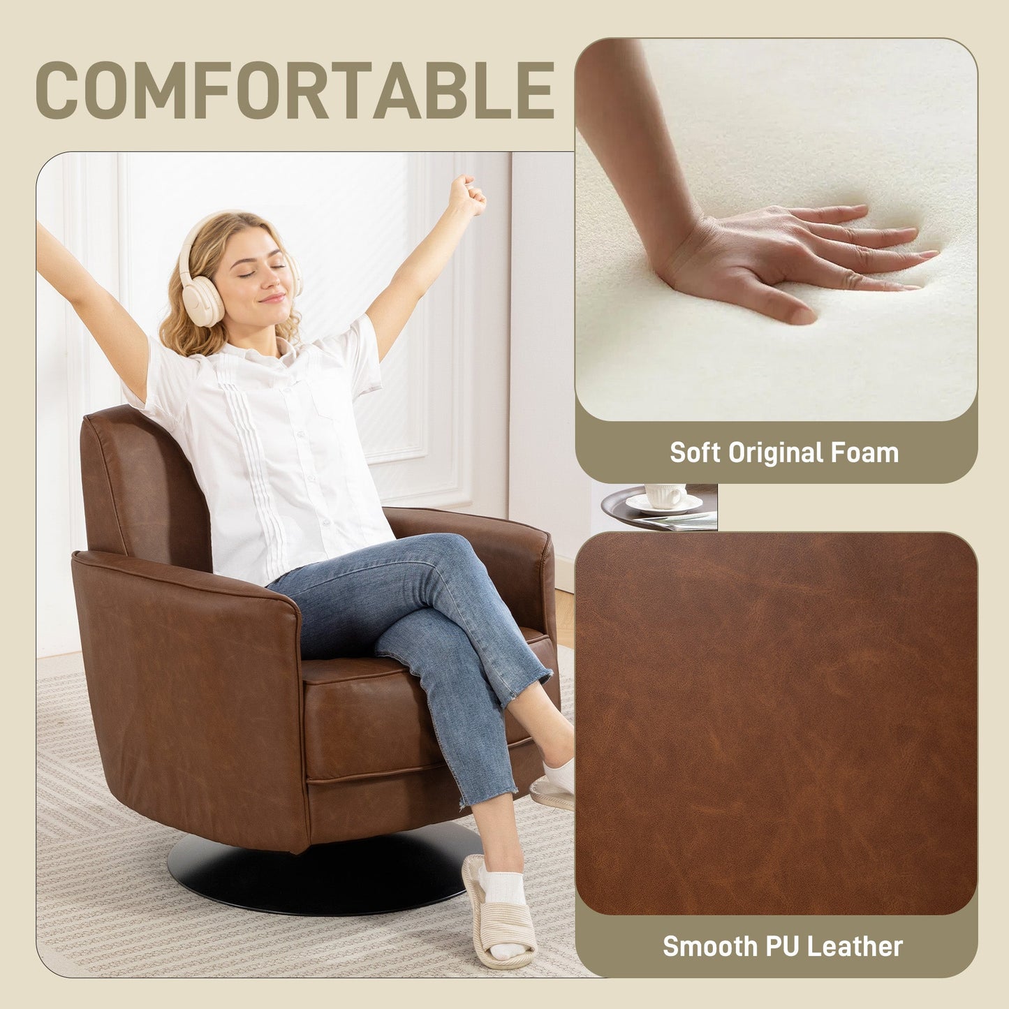 HOMCOM Upholstered Swivel Accent Chair with Thick Padding, Brown