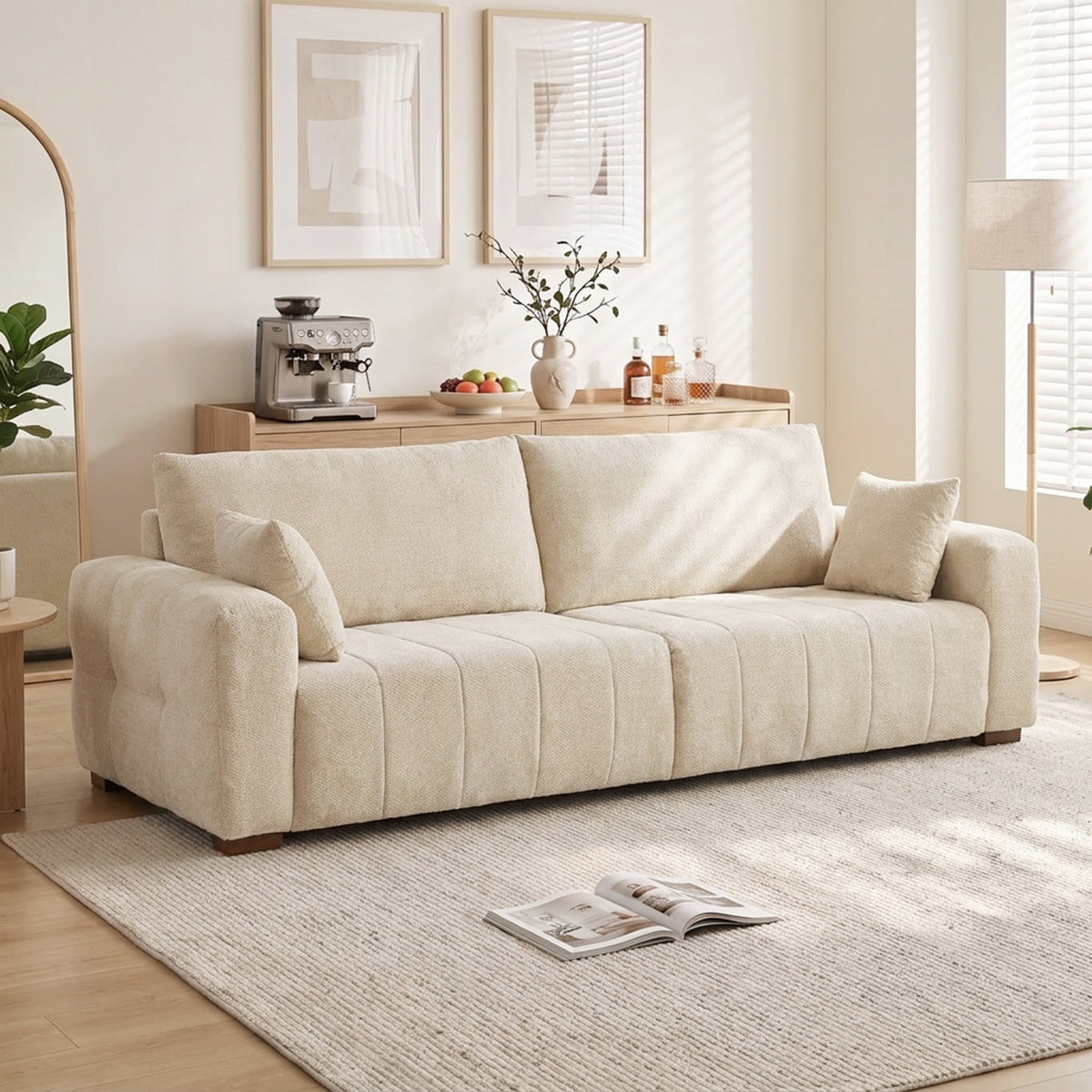 HOMCOM 3 Seater Sofa, Upholstered Velvet Couch for Bedroom with Pillows, Padded Cushion and Wood Legs, Cream White