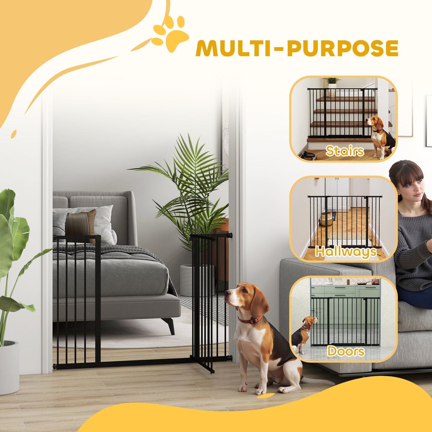 PawHut Dog Gate Pet Safety Gate Stair Barrier Pressure Fit Adjustable 76-82/86-97/101-107 cm, Black