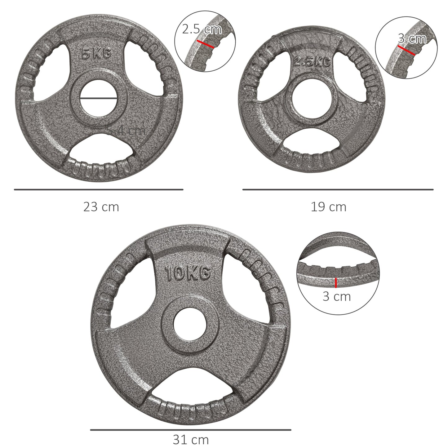 Zestaw 6 żeliwnych ciężarków olimpijskich HOMCOM do uchwytu hantli z otworem 2"/5 cm, 35 kg, talerze hantli, ciężarki do sztangi 2 x 5 kg, 2 x 2,5 kg, 2 x 10 kg