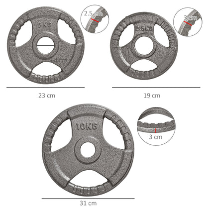 Zestaw 6 żeliwnych ciężarków olimpijskich HOMCOM do uchwytu hantli z otworem 2"/5 cm, 35 kg, talerze hantli, ciężarki do sztangi 2 x 5 kg, 2 x 2,5 kg, 2 x 10 kg