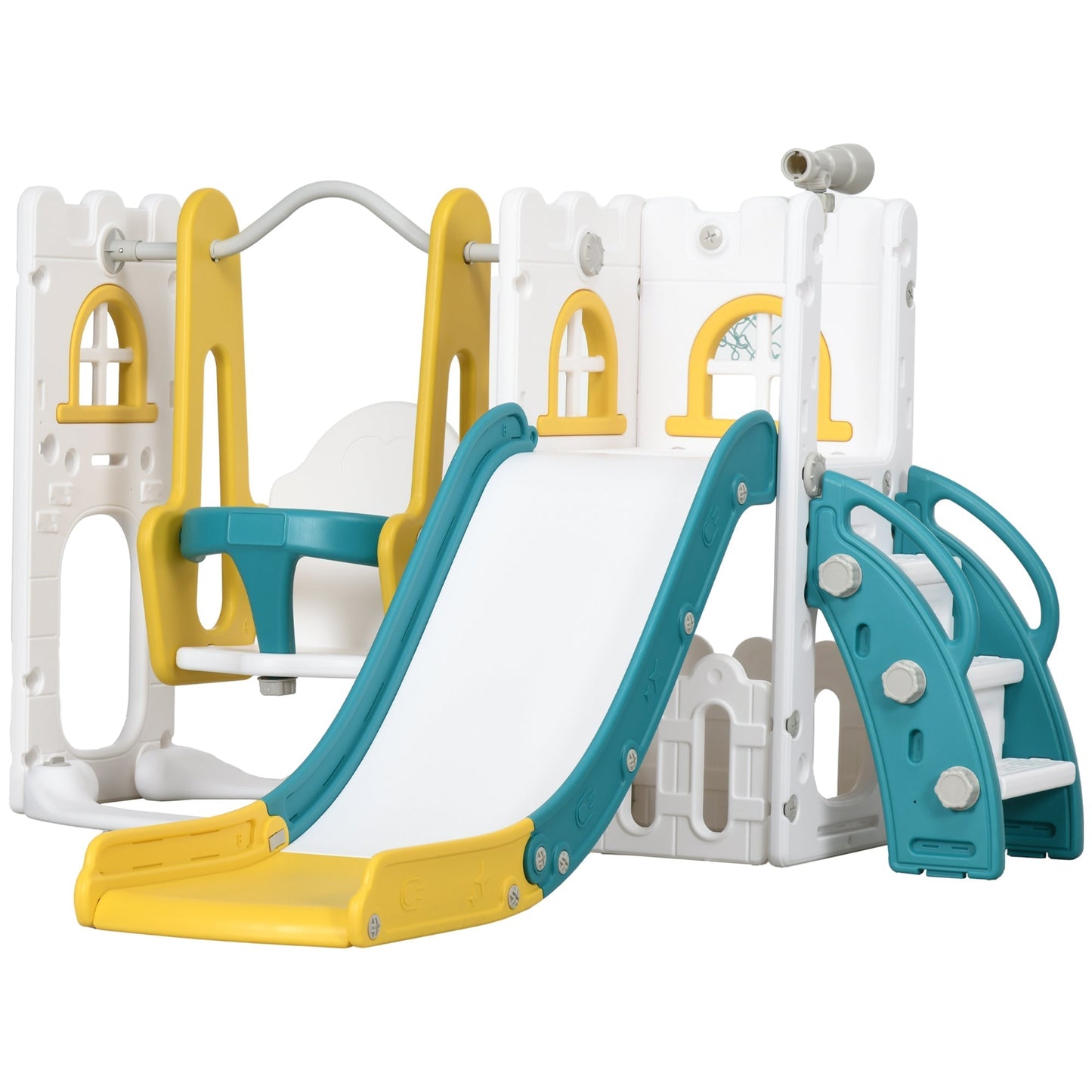AIYAPLAY 6-in-1 Swing and Slide Set, Kids Playground with Basketball Hoop, Telescope, Storage Space - Yellow