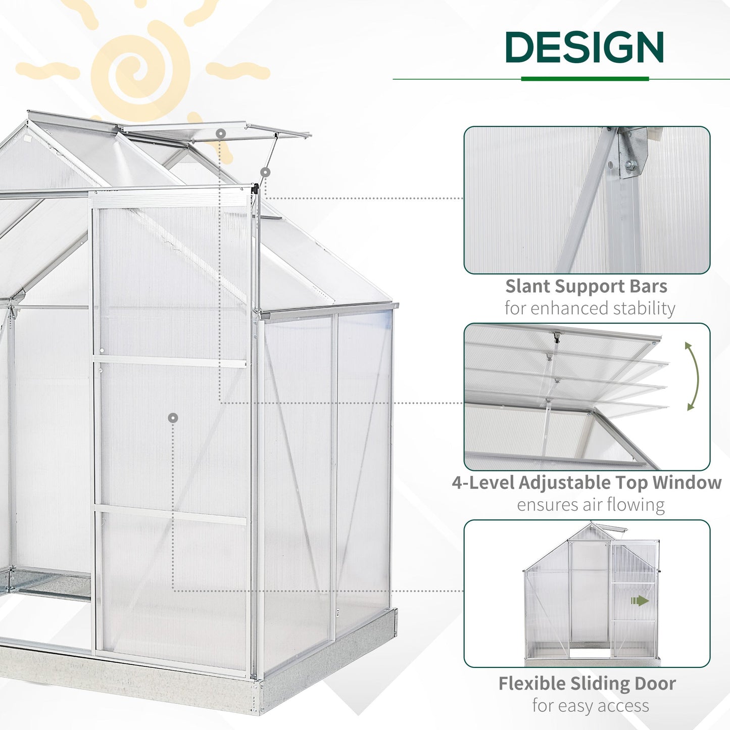 Outsunny 6 x 4 FT Walk-In Greenhouse Polycarbonate Panels Aluminium Frame w/ Sliding Door Adjustable Window 2.5_ Inner Area Plant Vegetable Flower Grow Green House Protection