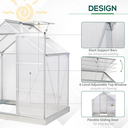 Outsunny 6 x 4 FT Walk-In Greenhouse Polycarbonate Panels Aluminium Frame w/ Sliding Door Adjustable Window 2.5_ Inner Area Plant Vegetable Flower Grow Green House Protection