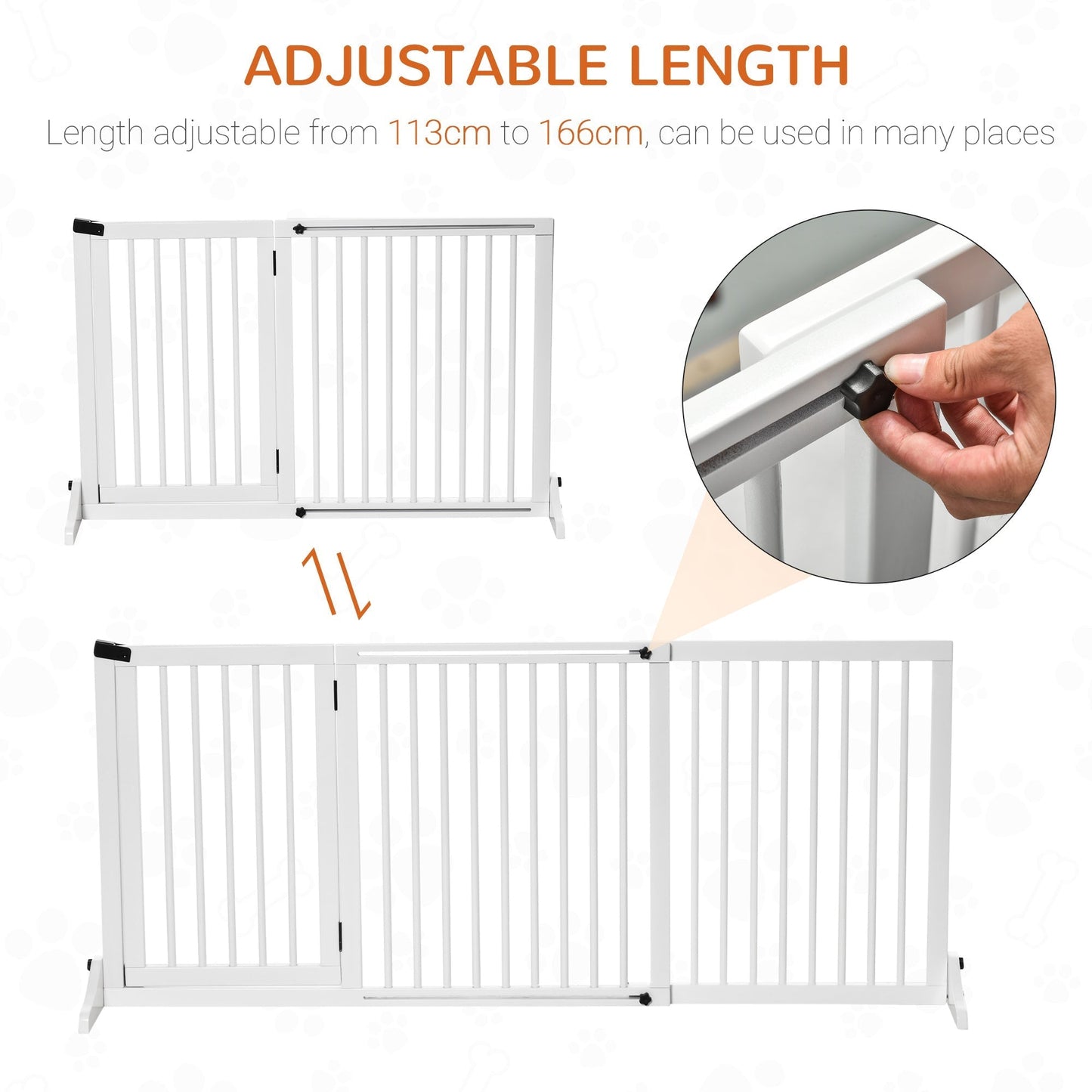 PawHut Adjustable Wooden Pet Gate Freestanding Dog Barrier Fence Doorway 3 Panels Safety Gate w/ Lockable Door White 71H x 113-166W cm