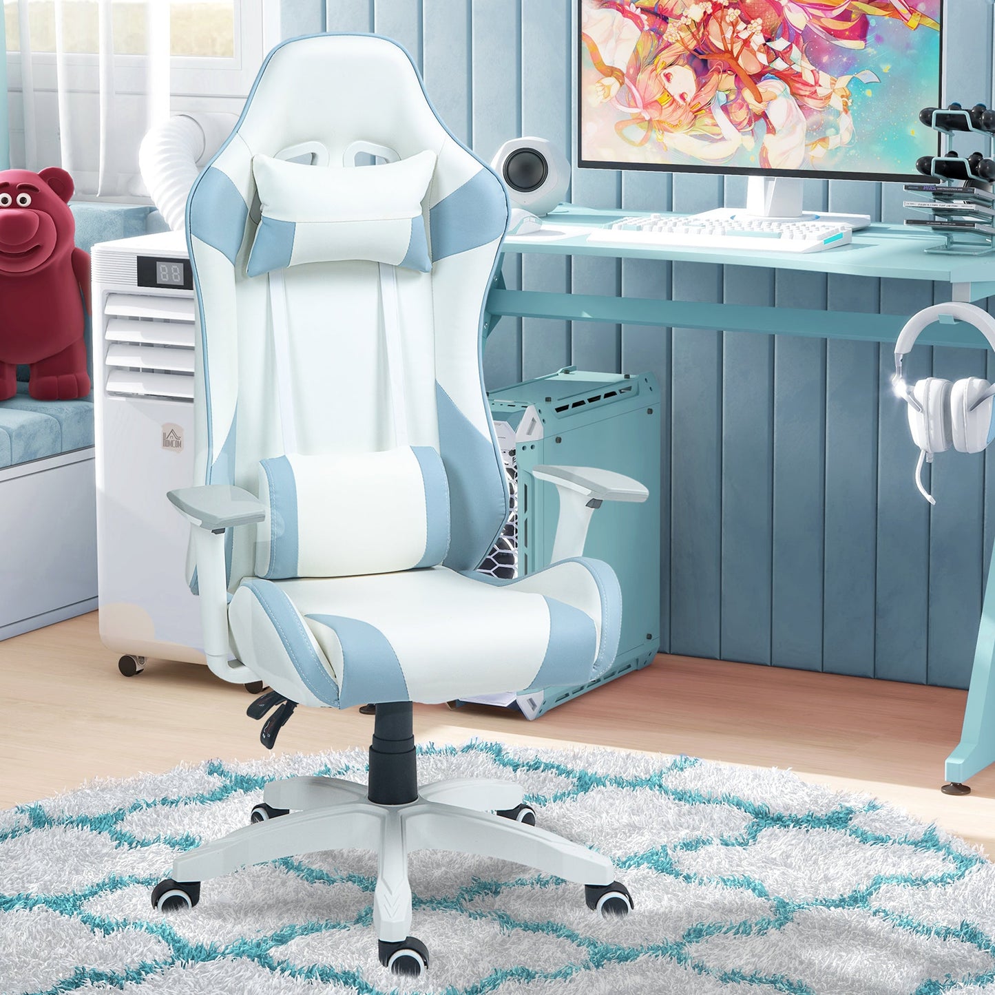 HOMCOM Faux Leather Colour Block Gaming Chair, with 135  Reclining Back - Blue/White