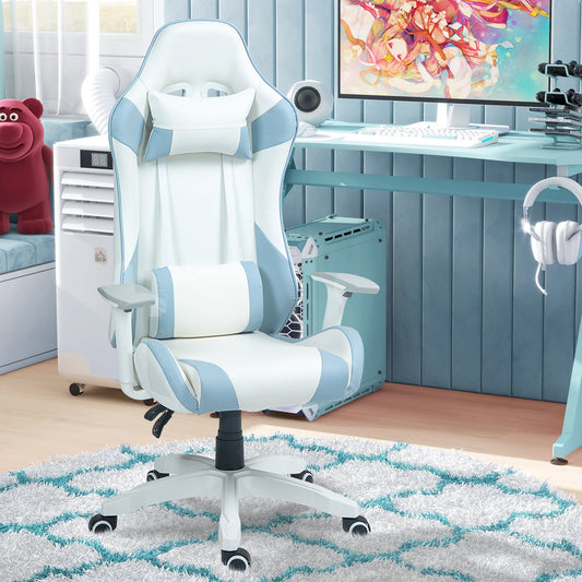 HOMCOM Faux Leather Colour Block Gaming Chair, with 135  Reclining Back - Blue/White