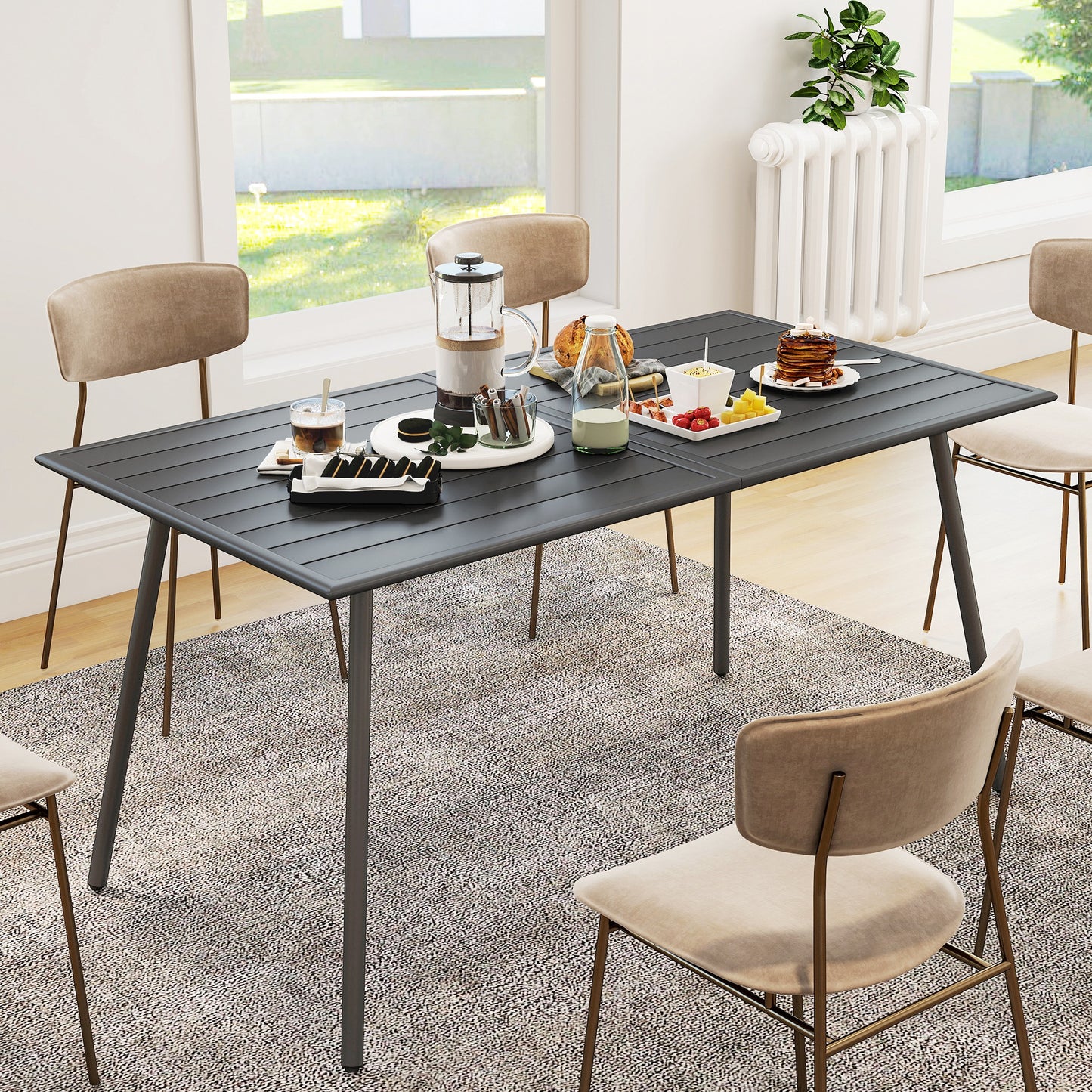 Outsunny Rectangle Garden Table with Slat Top, Steel Frame, Outdoor Table for 6 Person, 150 x 80 x 74 cm, Grey