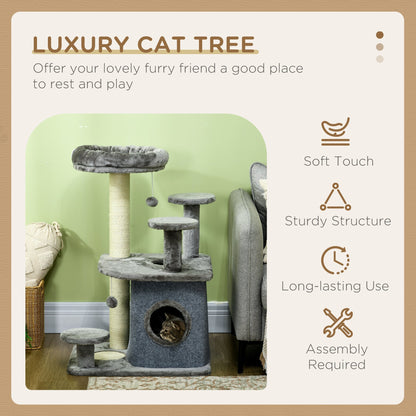 PawHut 92cm Cat Tree for Indoor Cats with Scratching Posts, Cat Tower with House, Bed, Perches, Scratching Mat, Toy, Grey