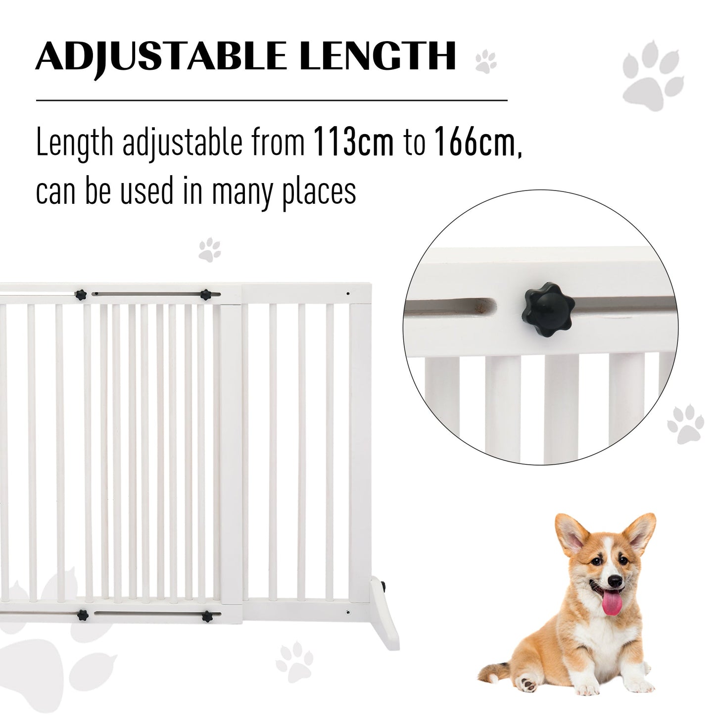 PawHut Pet Gate Freestanding Length Adjustable Wooden Indoor Dog Barrier Fence Safety Gate with Lockable Door 3 Panels White