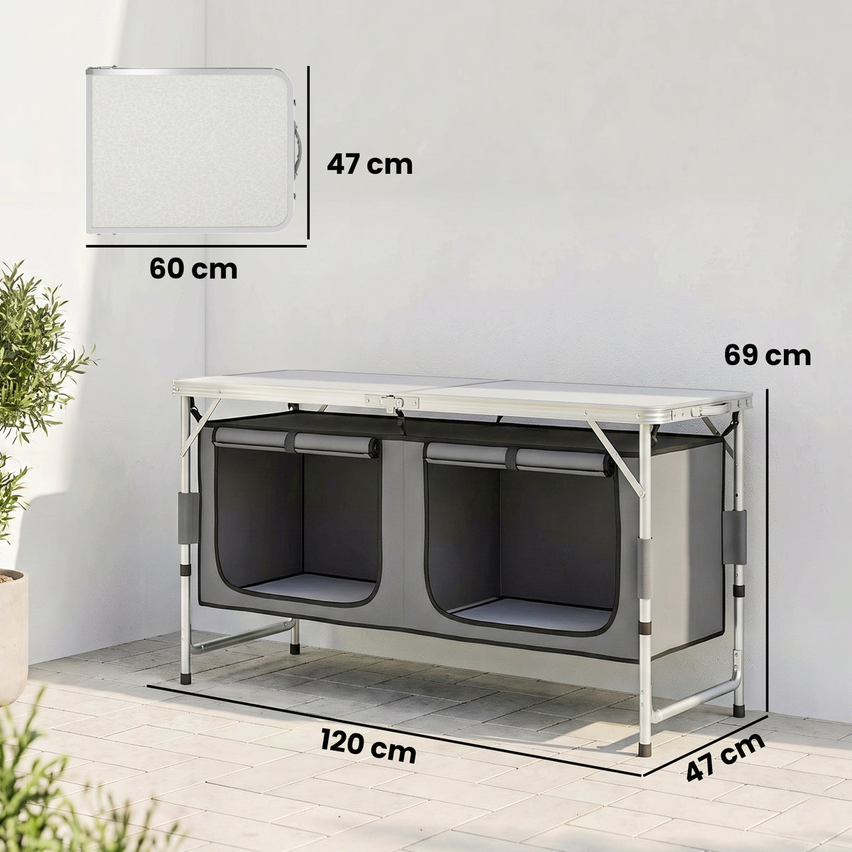 Outsunny 4ft Folding Camping Cupboard Kitchen, Height Adjustable Aluminium Camping Table with Storage, Lightweight Picnic Table for Outdoor Garden BBQ Party