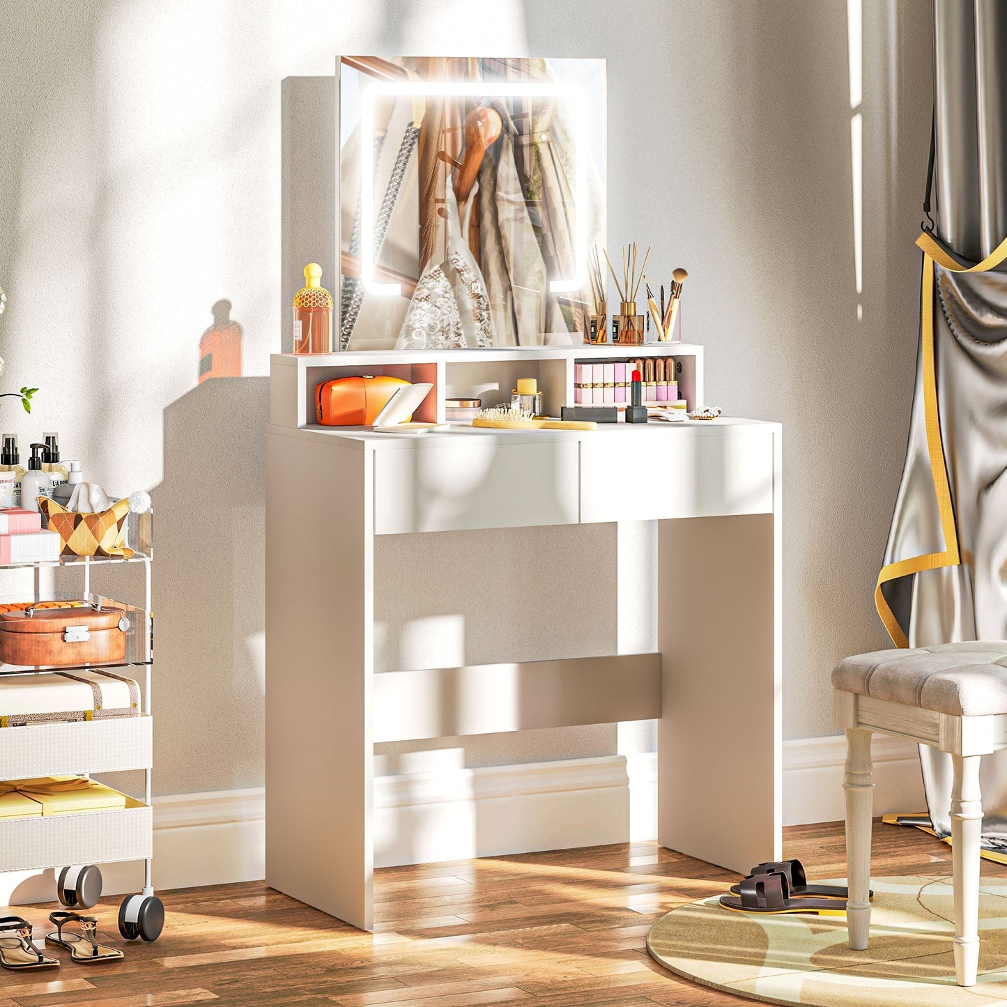 HOMCOM Storage Dressing Table, with LED Light Mirror - White