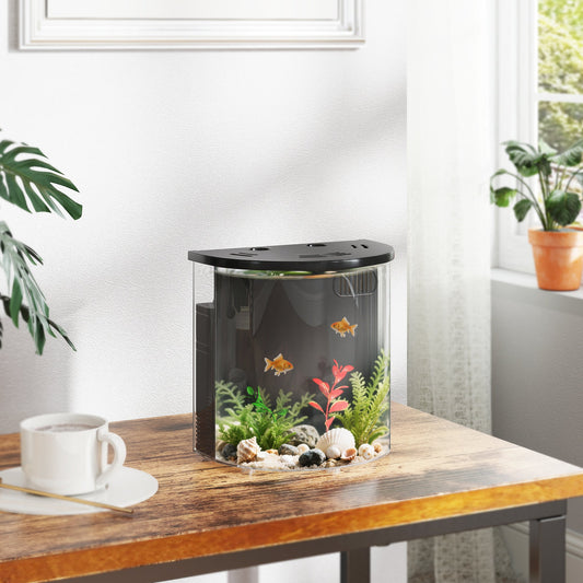 PawHut 3L Mały Akwarium z Systemem Filtrów, Oświetleniem LED, Mały Akwarium dla Betta, Złotej Rybki, Krewetki, Czarny