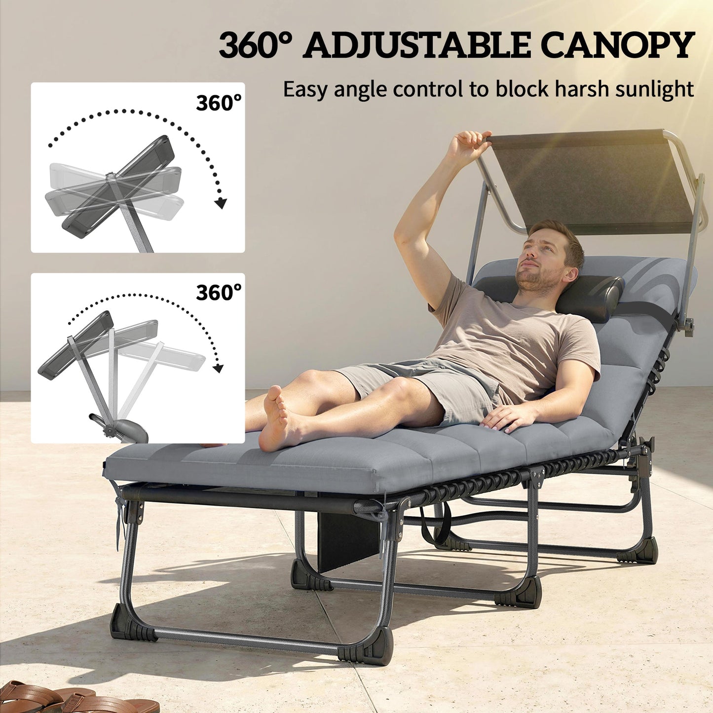 Outsunny Folding Sun Loungers Set of 2 with Canopy, Reclining Sunbed with Cushion, Side Pocket, Carrying Handle, Light Grey