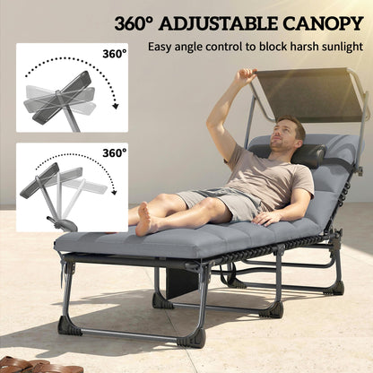Outsunny Folding Sun Loungers Set of 2 with Canopy, Reclining Sunbed with Cushion, Side Pocket, Carrying Handle, Light Grey