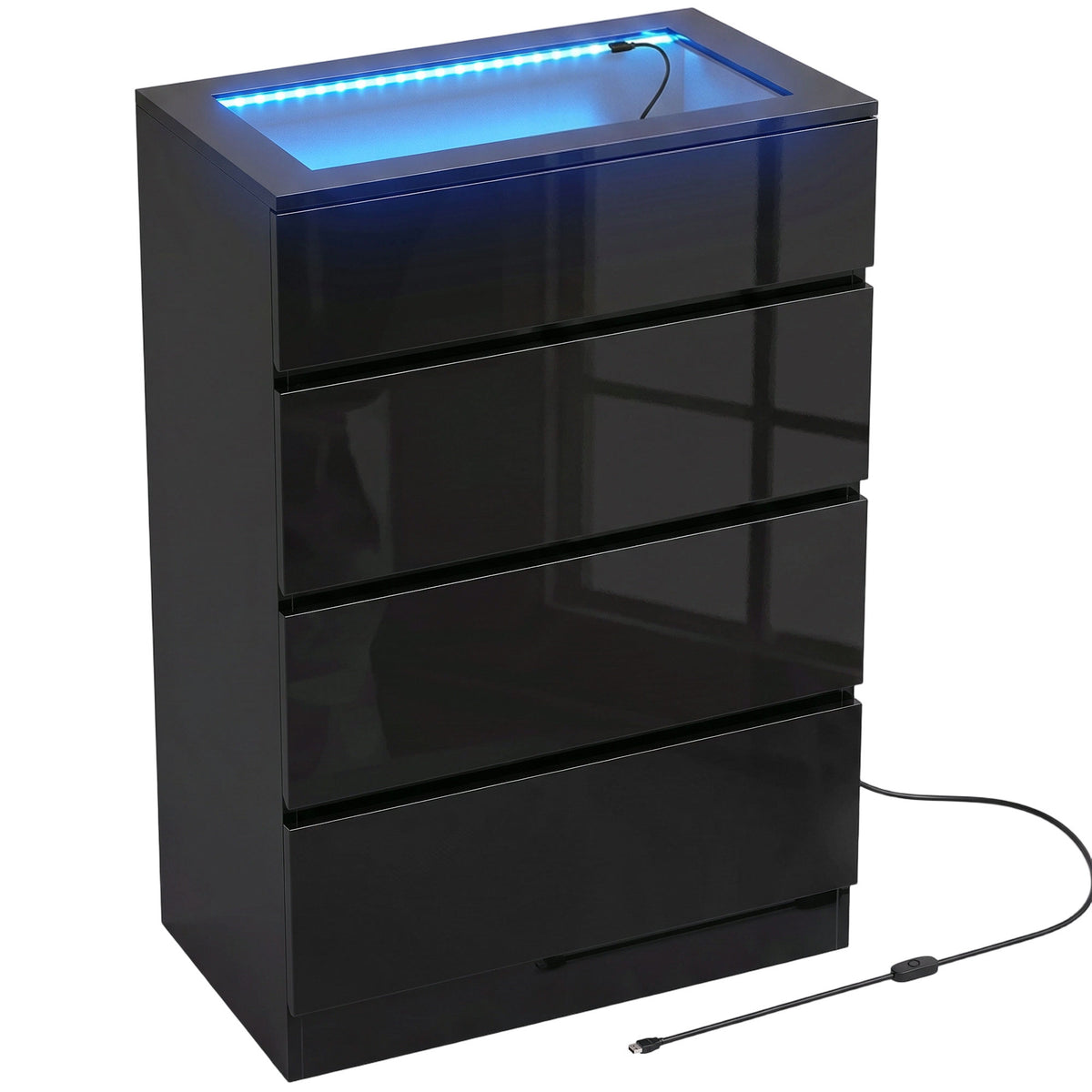 HOMCOM High Gloss 4 Drawer Chest of Drawers with Glass Top and RGB LED Lights, Dresser w/ Jewelry Organizer, APP Control, Black