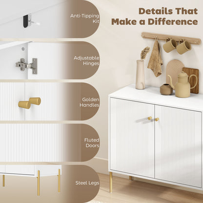 HOMCOM Modern Sideboard Cabinet with Fluted Doors, Kitchen Storage Cabinet with Adjustable Shelf and Steel Legs, White