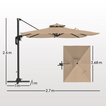 Outsunny 3,7 x 2,7 m parasol wysięgnikowy z obrotem 360√∞ i łatwą regulacją nachylenia, aluminiowy wiszący parasol ogrodowy z podwójnym dachem i podstawą krzyżową, wiszący parasol przeciwsłoneczny UPF50+, czarny