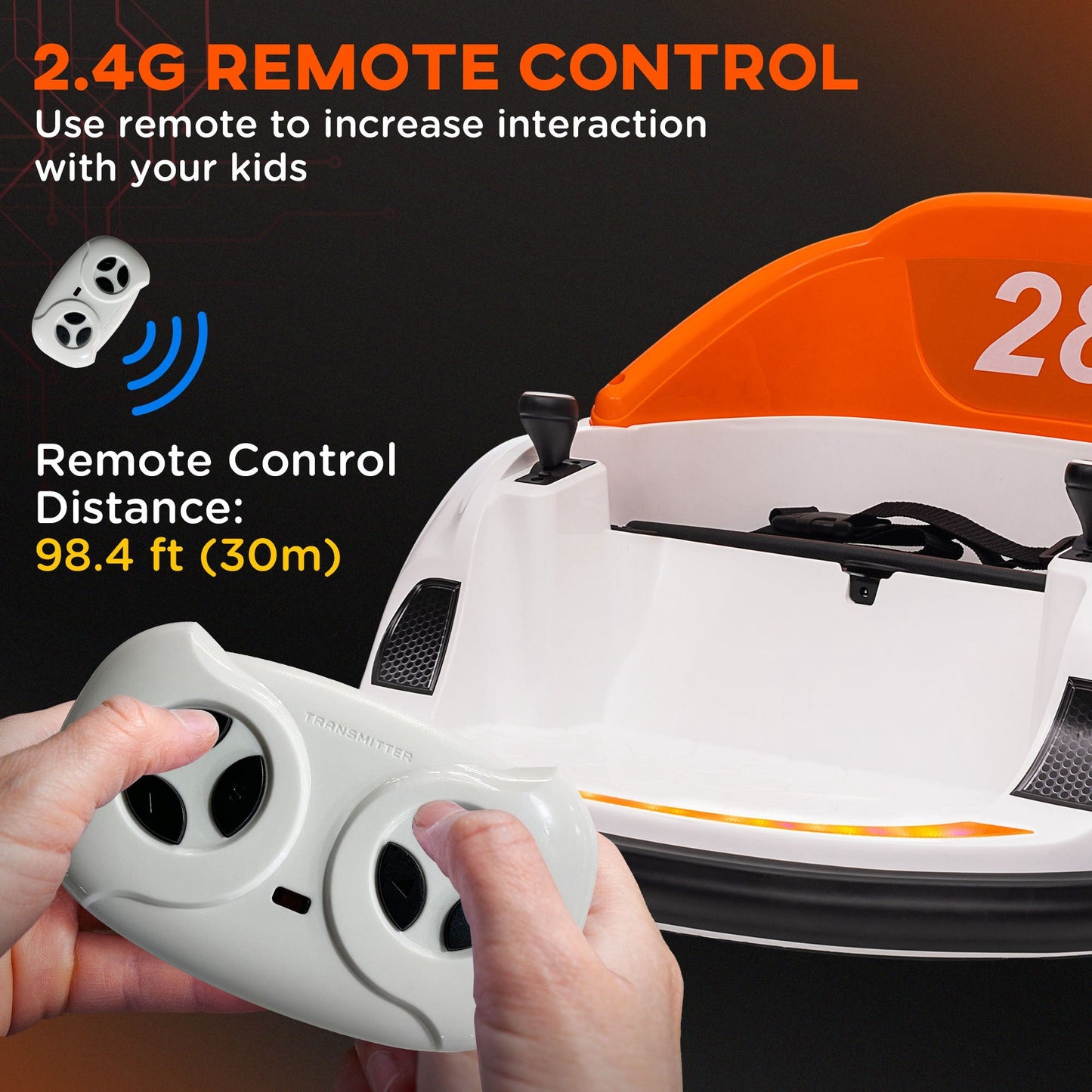 AIYAPLAY 360¡ Rotation Kids Bumper Car, 12V Waltzer Car with Remote Control, Dual Joysticks, Music Lights - Orange