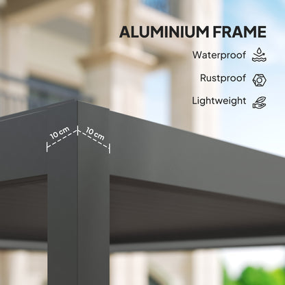Outsunny 3 x 3(m) Elektryczna pergola żaluzjowa z oświetleniem LED, aluminiowa pergola z twardym dachem i pilotem, regulowany dach i system odwodnienia, wodoodporna i odporna na promieniowanie UV