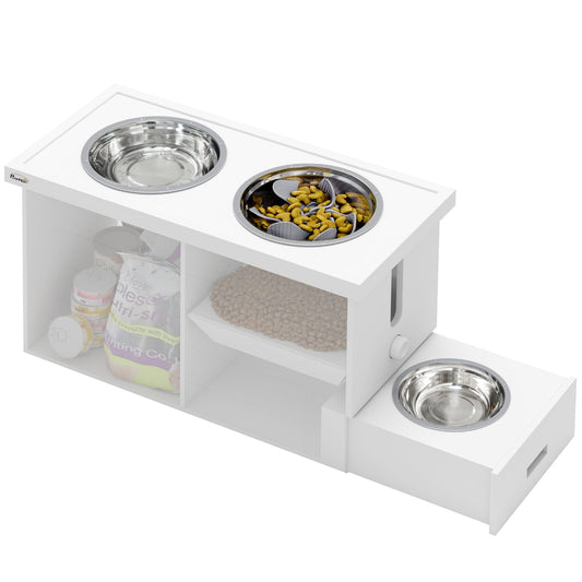 PawHut Raised Dog Bowls w/ Slow Feeder Mat, Storage Cabinet, Three Stainless Steel Bowls, Semi Auto Dispenser Function, White
