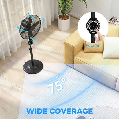 HOMCOM 41 cm Metal Pedestal Fan with Oscillating, Adjustable Height Black