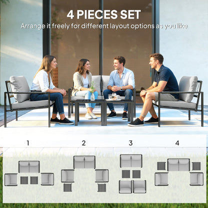 Outsunny 5 Piece Metal Garden Furniture Sofa Set with Thickened Cushions, Loveseat, 2 Armchairs, 2 Coffee Tables, Light Grey