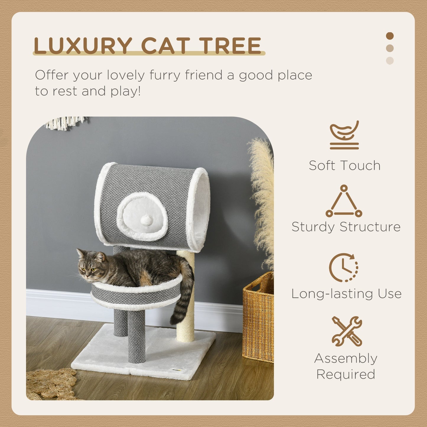 PawHut Cat Tree for Indoor Cats with Scratching Post, Bed, Tunnel, Toy Ball, 48 x 48 x 73 cm, White