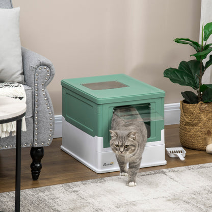 PawHut Hooded Cat Litter Box, Portable Pet Toilet, with Scoop, Front Entry - Green