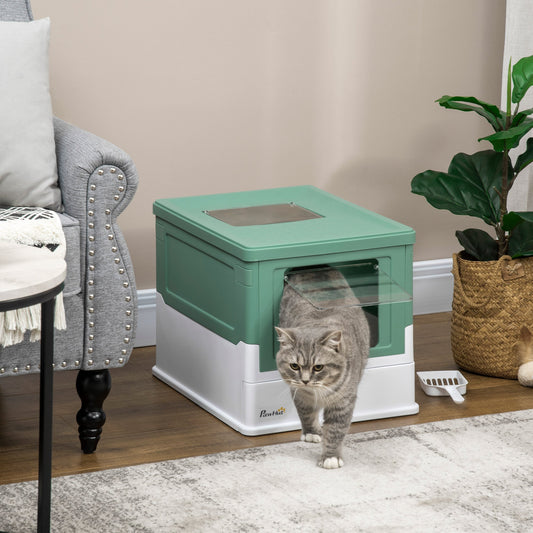 PawHut Hooded Cat Litter Box Scoop Included, Litter Tray with Front Entry Top Exit, Portable Pet Toilet with Large Space, Easy Assemble, 47.5 x 35.5 x 36.7 cm, Green