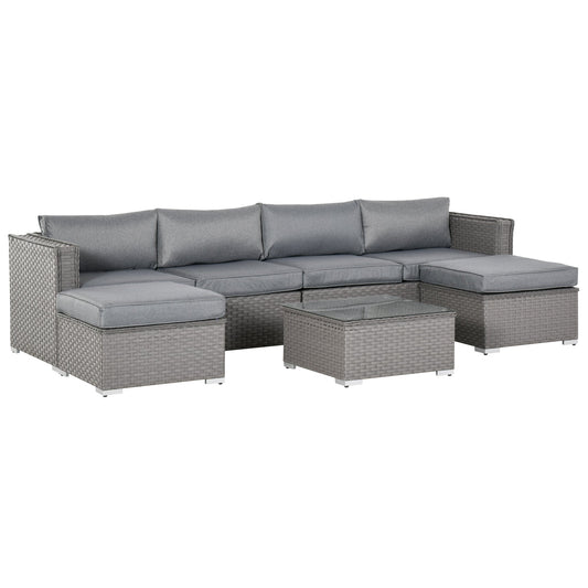 Outsunny 6-Seater PE Rattan Garden Corner Sofa Set Outdoor Wicker Conservatory Furniture Patio Tea Table Footstool, Grey