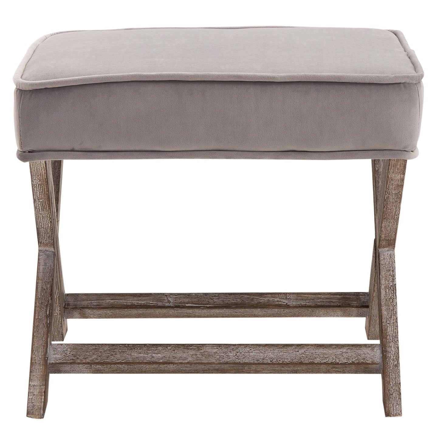 Retro Style Vintage Footstool Padded Seat X Leg Chair Velvet Cover Shabby Chic Footrest Solid Rubber Wood 49.5 x 45 x 41 cm Grey