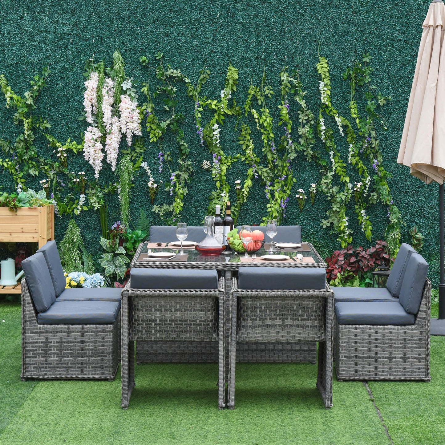 Outsunny 8 Seater Rattan Cube Garden Furniture Set with Parasol Hole, Rattan Dining Set with Cushions, Outdoor Dining Table and Chairs with Square Glass Top Table for Patio, Balcony, Mixed Grey