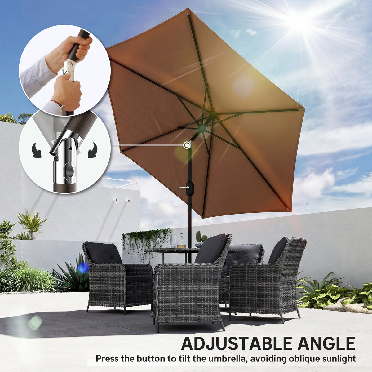 Outsunny 2.6 m Garden Parasol Umbrella with Aluminium Pole, Outdoor Patio Umbrella with Tilt and Crank, Vent, Coffee