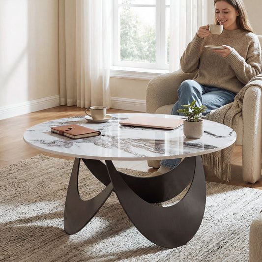 HOMCOM Coffee Table Sintered Stone Top Adjustable Foot Pads Modern Centre Table for Living Room White and Black