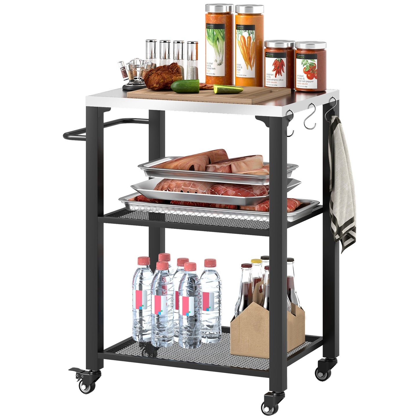 Outsunny Three-Shelf Outdoor Grill Cart with Stainless Steel Top, Outdoor Kitchen Island with 4 Wheels, 3 Hooks, Movable Food Prep Barbecue Pizza Oven Table for Kitchen, Garden, 65.5 x 41 x 79 cm