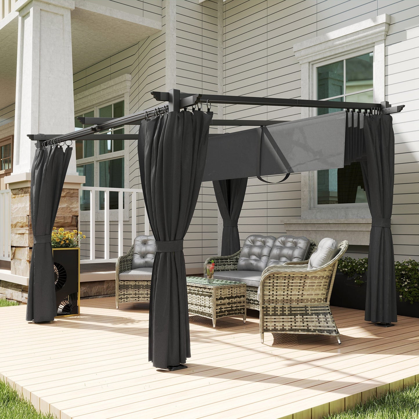 Outsunny 3 x 3 m Retractable Roof Pergola, with Curtains - Dark Grey