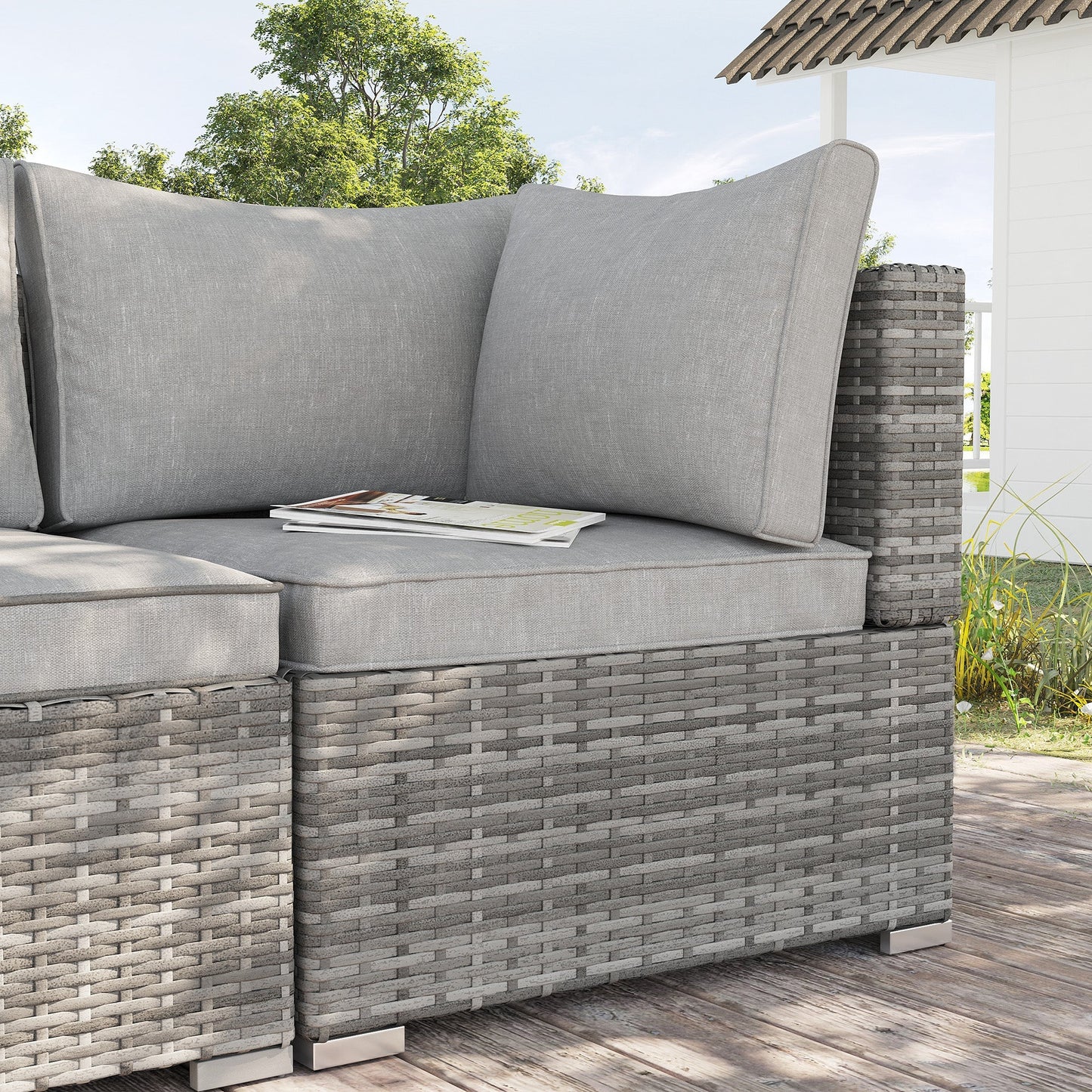 Outsunny PE Rattan Wicker Corner Sofa Garden Furniture كرسي أريكة فردي مع وسائد، رمادي