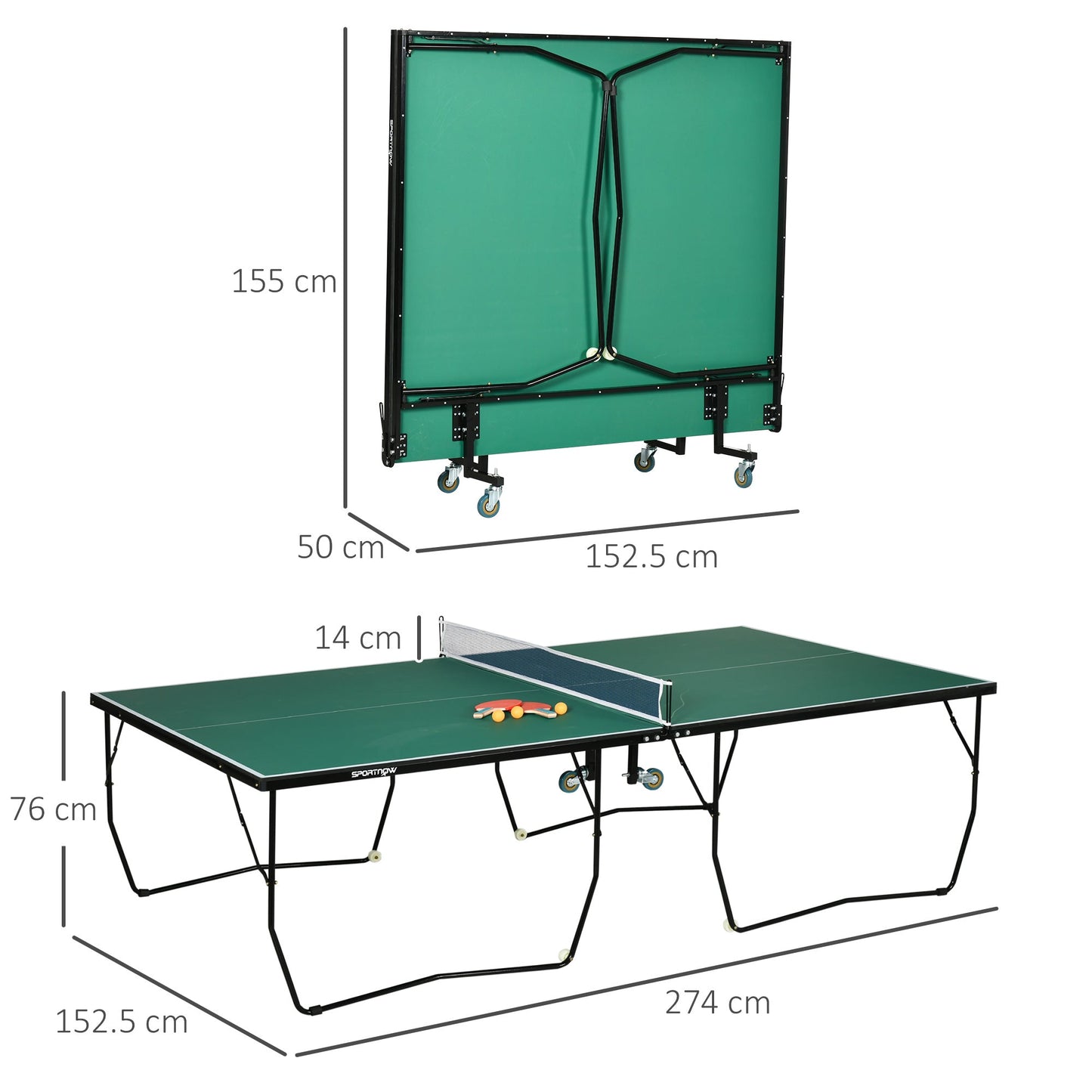 SPORTNOW 9FT Folding Tennis Table, with 8 Wheels, for Indoor Use, Green