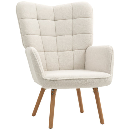 HOMCOM Modern Accent Chair, Upholstered Tufted Wingback Armchair with Seat Padding, Teddy Fleece Leisure Lounge Bedroom Chair with Wood Legs, Cream White