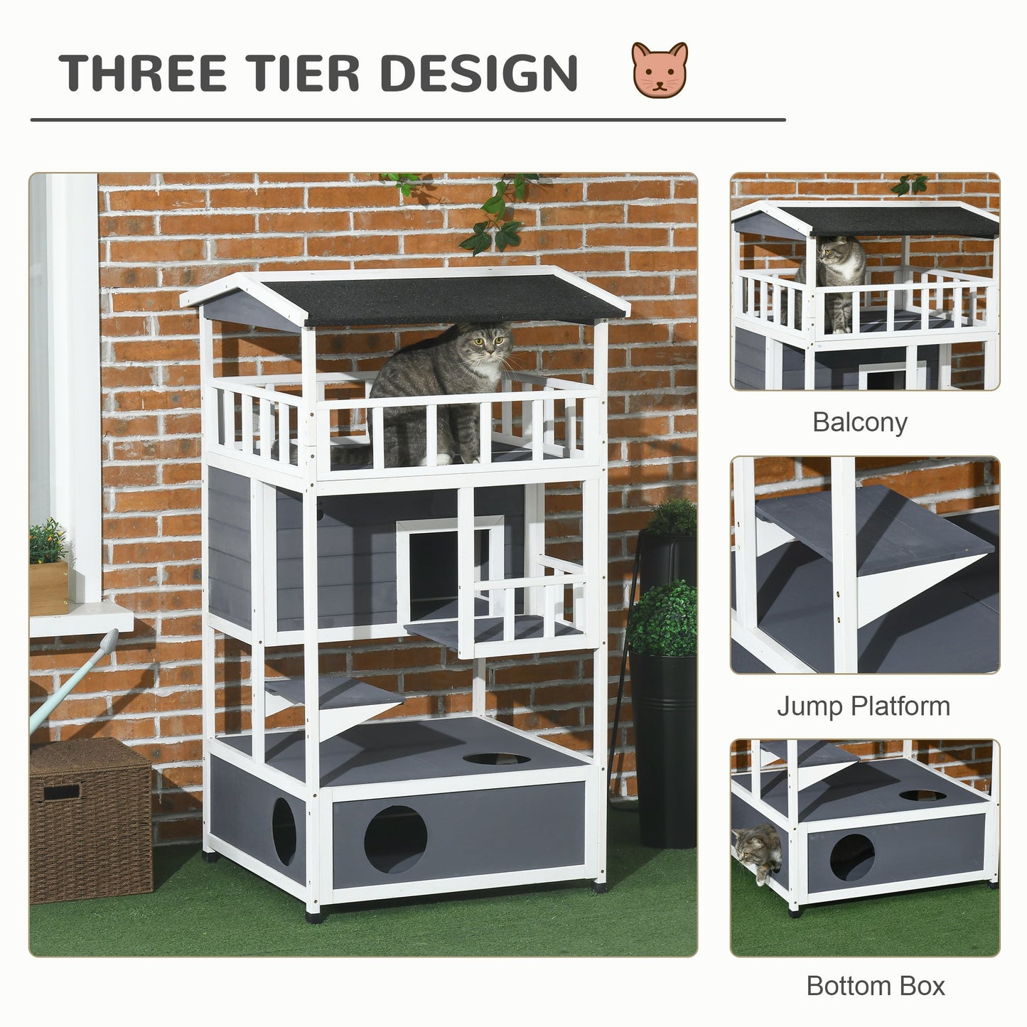 PawHut Wooden Outdoor Cat House 3-Tier for Winter Kitten Shelter Lodge w/ Tilted Roof Terrace Jump Step Bottom Tray Elevated Base Waterproof Paint Grey