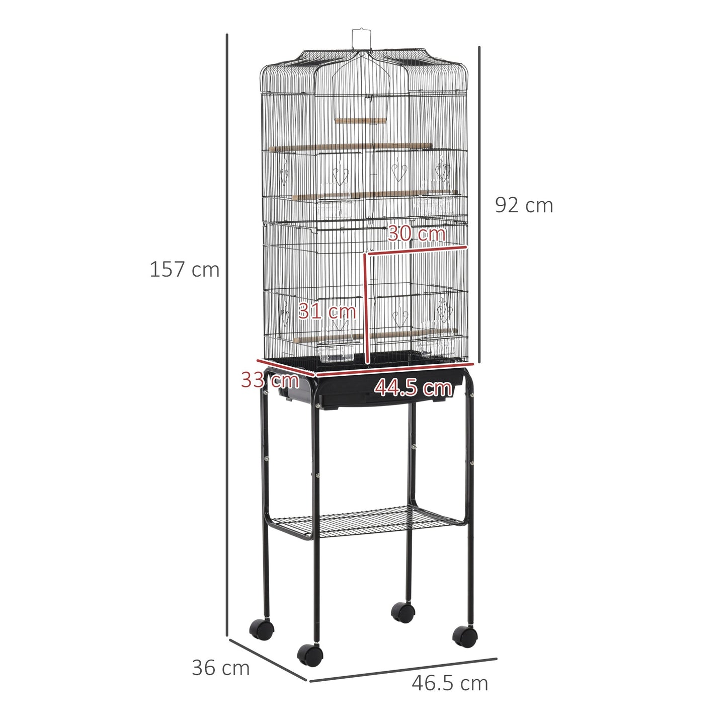 PawHut Bird Cage Budgie Cages for Finch Canary Parakeet with Stand Wheels Slide-out Tray Accessories Storage Shelf, Black 36 x 46.5 x 157 cm