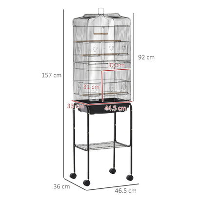 PawHut Bird Cage Budgie Cages for Finch Canary Parakeet with Stand Wheels Slide-out Tray Accessories Storage Shelf, Black 36 x 46.5 x 157 cm